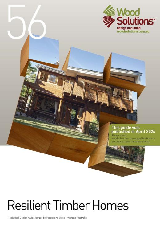 WoodSolutions technical design guide 56 cover image with building blocks coming together as a timber home. Reads: Resilient Timber Homes